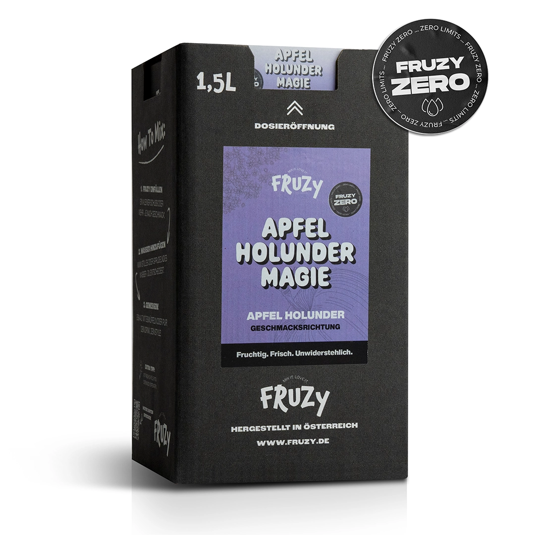 Fruzy Apfel-Holunder Fruchtsirup in schwarzer 1,5 L Box – Geschmack Apfel & Holunder