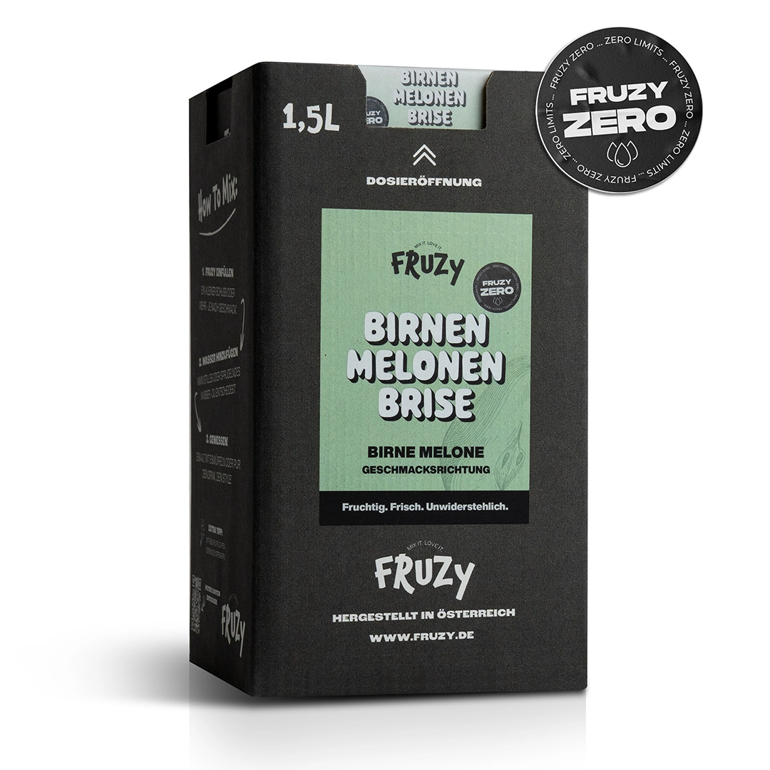 Fruzy Fruchtsirup Birne-Melone in schwarzer 1,5 L Verpackung – erfrischender Sommergeschmack
