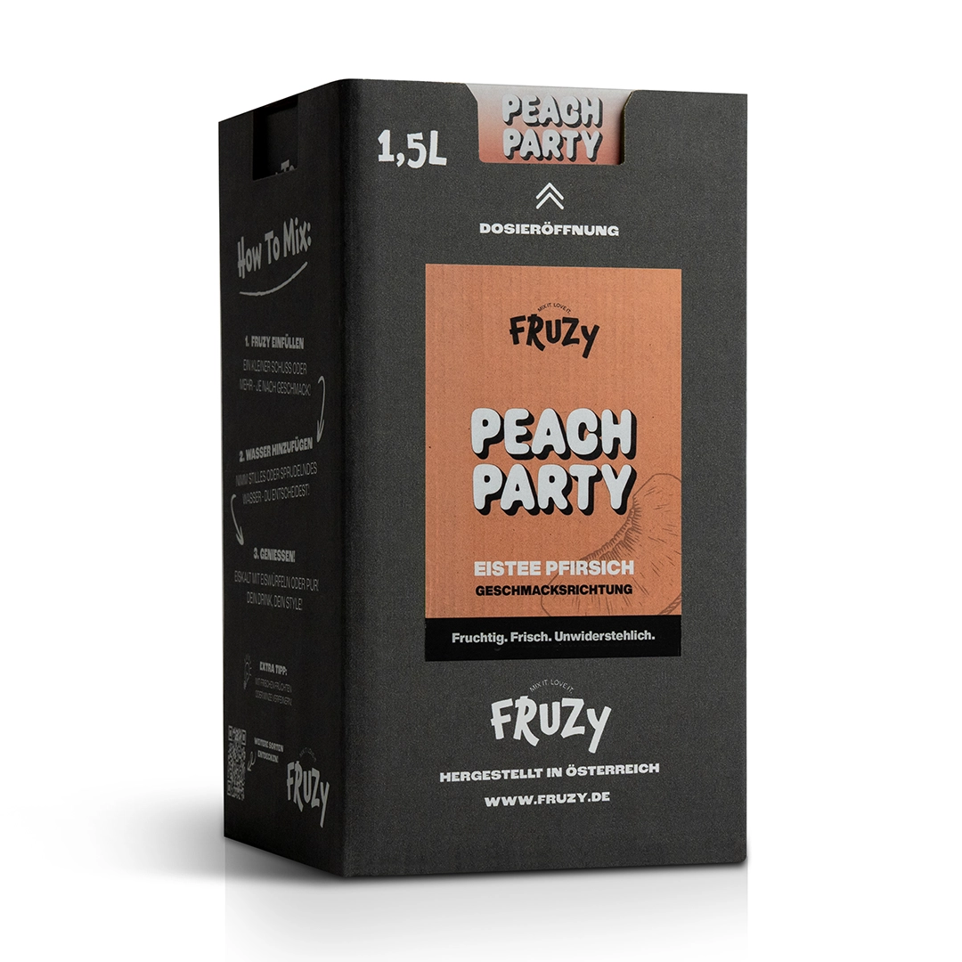 Fruzy Fruchtsirup mit Eistee-Pfirsichgeschmack in schwarzer 1,5 L Box – fruchtig und sommerlich