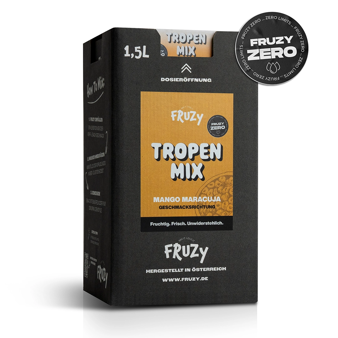 Fruzy Tropenmix Fruchtsirup Mango-Maracuja in 1,5 L Verpackung – exotischer Geschmack